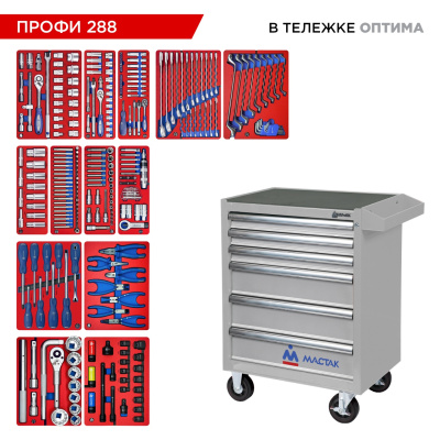 Набор инструментов 288 предметов, "ПРОФИ 288", в серой тележке МАСТАК 52-06288G