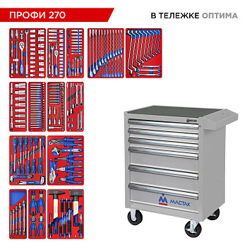 МАСТАК Набор инструментов 270 предметов, "ПРОФИ 270" в серой тележке