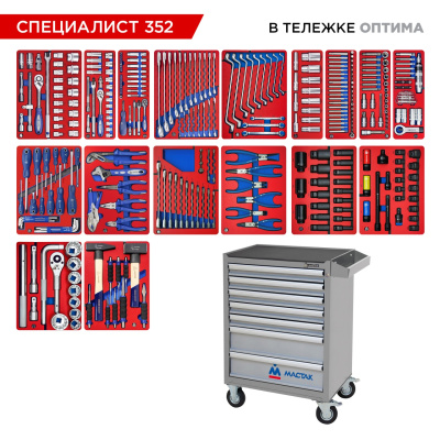 Набор инструментов 352 предмета, "СПЕЦИАЛИСТ 352", в серой тележке МАСТАК 52-07352G