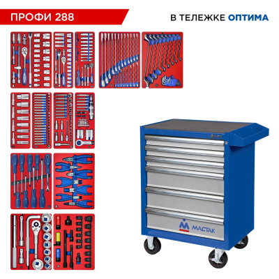 Набор инструментов 288 предметов, "ПРОФИ 288", в синей тележке МАСТАК 52-06288B
