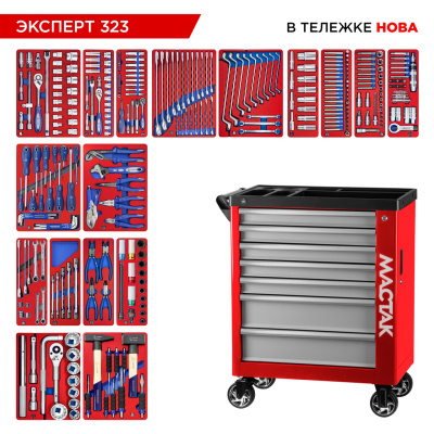 МАСТАК Набор инструментов 323 предмета, "ЭКСПЕРТ 323", в красной тележке