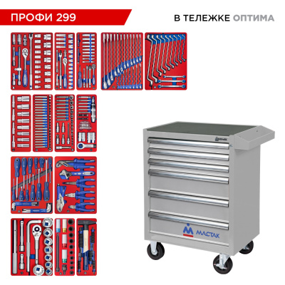МАСТАК Набор инструментов 299 предметов, "ПРОФИ 299", в серой тележке