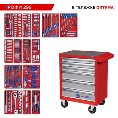 МАСТАК Набор инструментов 299 предметов, "ПРОФИ 299", в красной тележке
