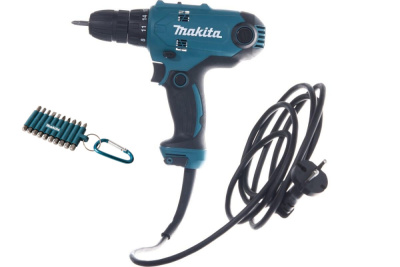 Сетевая дрель-шуруповерт Makita DF0300X3 • 320 Вт • 10 мм • 1500/450 об/мин • бесщеточный • 56/21 Нм •  набор бит 10 шт. D-65028