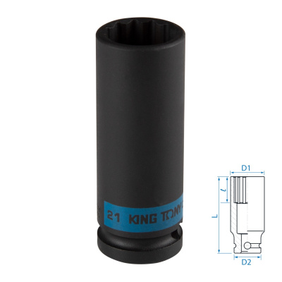 Головка торцевая ударная глубокая двенадцатигранная 1/2", 21 мм KING TONY 443021M