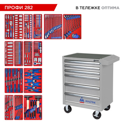 Набор инструментов 282 предмета, "ПРОФИ 282", в серой тележке МАСТАК 52-06282G