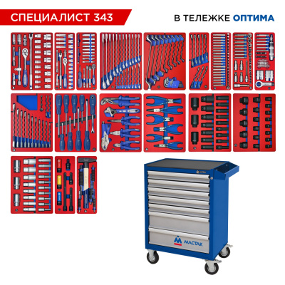 Набор инструментов 343 предмета, "СПЕЦИАЛИСТ 343", в синей тележке МАСТАК 52-07343B