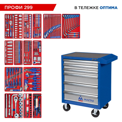 МАСТАК Набор инструментов 299 предметов, "ПРОФИ 299", в синей тележке