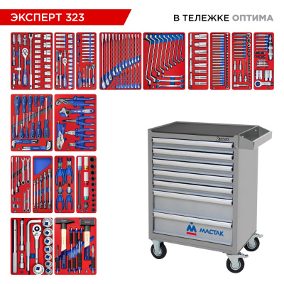 МАСТАК Набор инструментов 323 предмета, "ЭКСПЕРТ 323", в серой тележке