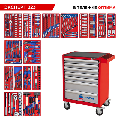 МАСТАК Набор инструментов 323 предмета, "ЭКСПЕРТ 323", в красной тележке