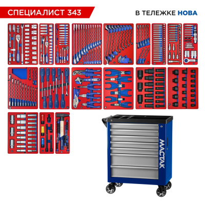 Набор инструментов 343 предмета, "СПЕЦИАЛИСТ 343", в синей тележке МАСТАК 50-07343B