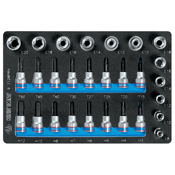KING TONY Набор торцевых насадок и головок 1/2", 3/8", Torx, Hex, Е6-Е20, ложемент, 28 предметов