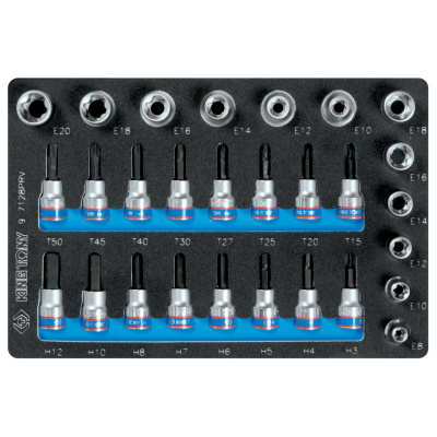 KING TONY Набор торцевых насадок и головок 1/2", 3/8", Torx, Hex, Е6-Е20, ложемент, 28 предметов