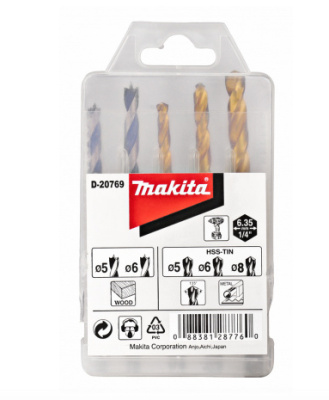 Набор сверл по дереву и металлу 1/4", 5 шт. Makita • HSS-TIN 5,6,8 • дерево 5,6 мм